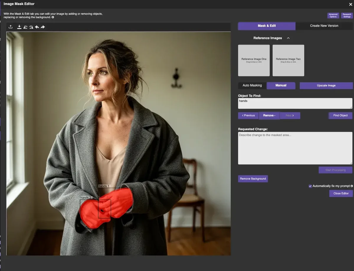 Automatic AI object detection and masking tool that identifies elements like hair or products for instant editing.